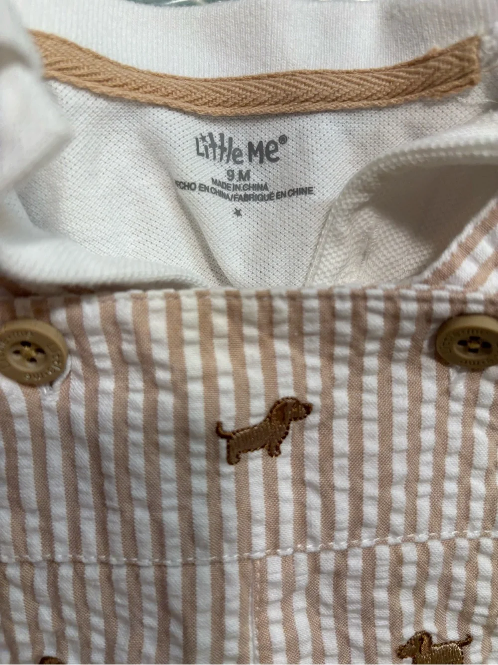 Little Me Beige Striped Puppy Embroidered Shortalls